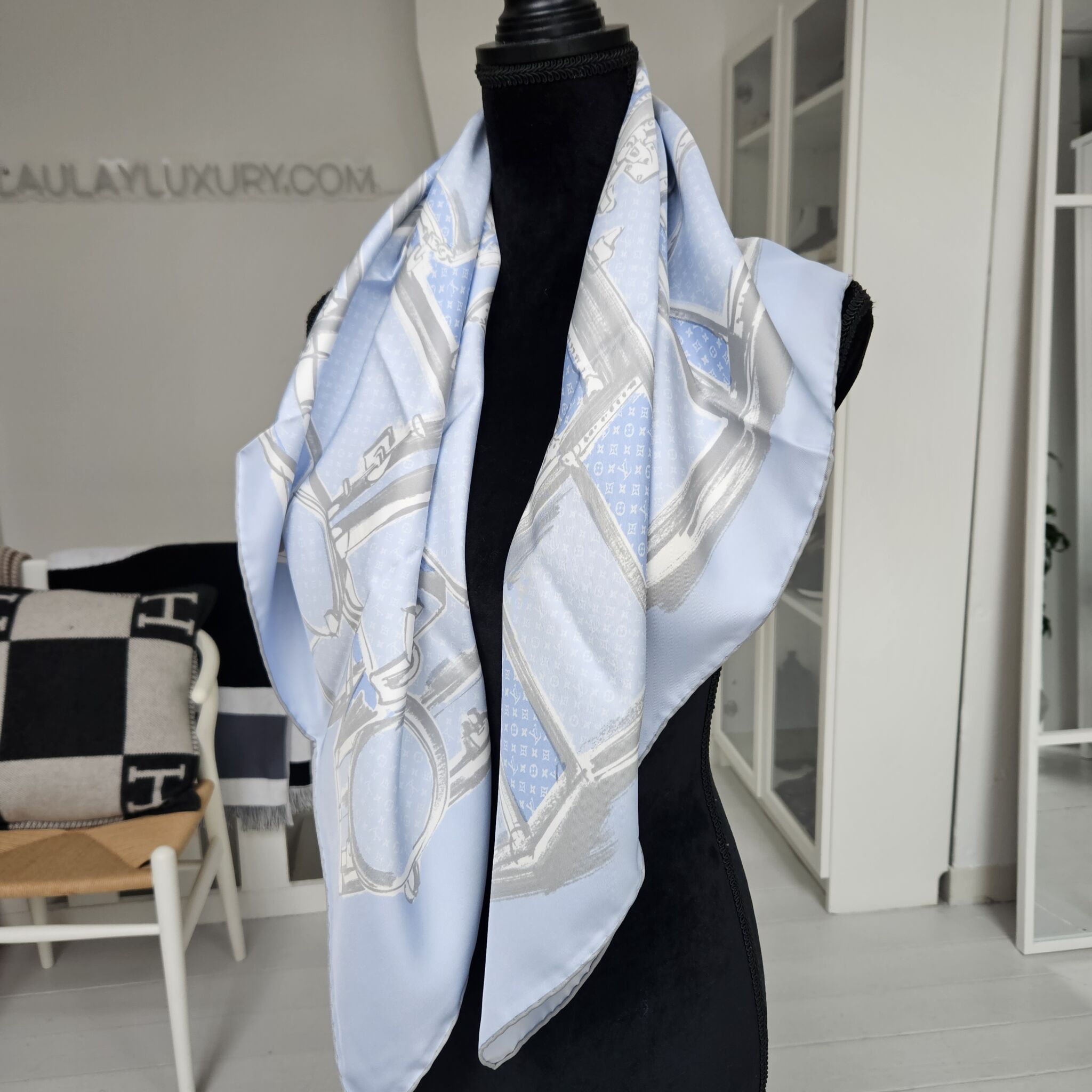 Louis Vuitton 90 x 90 cm Trunks Silk scarf, Silk, Light Blue