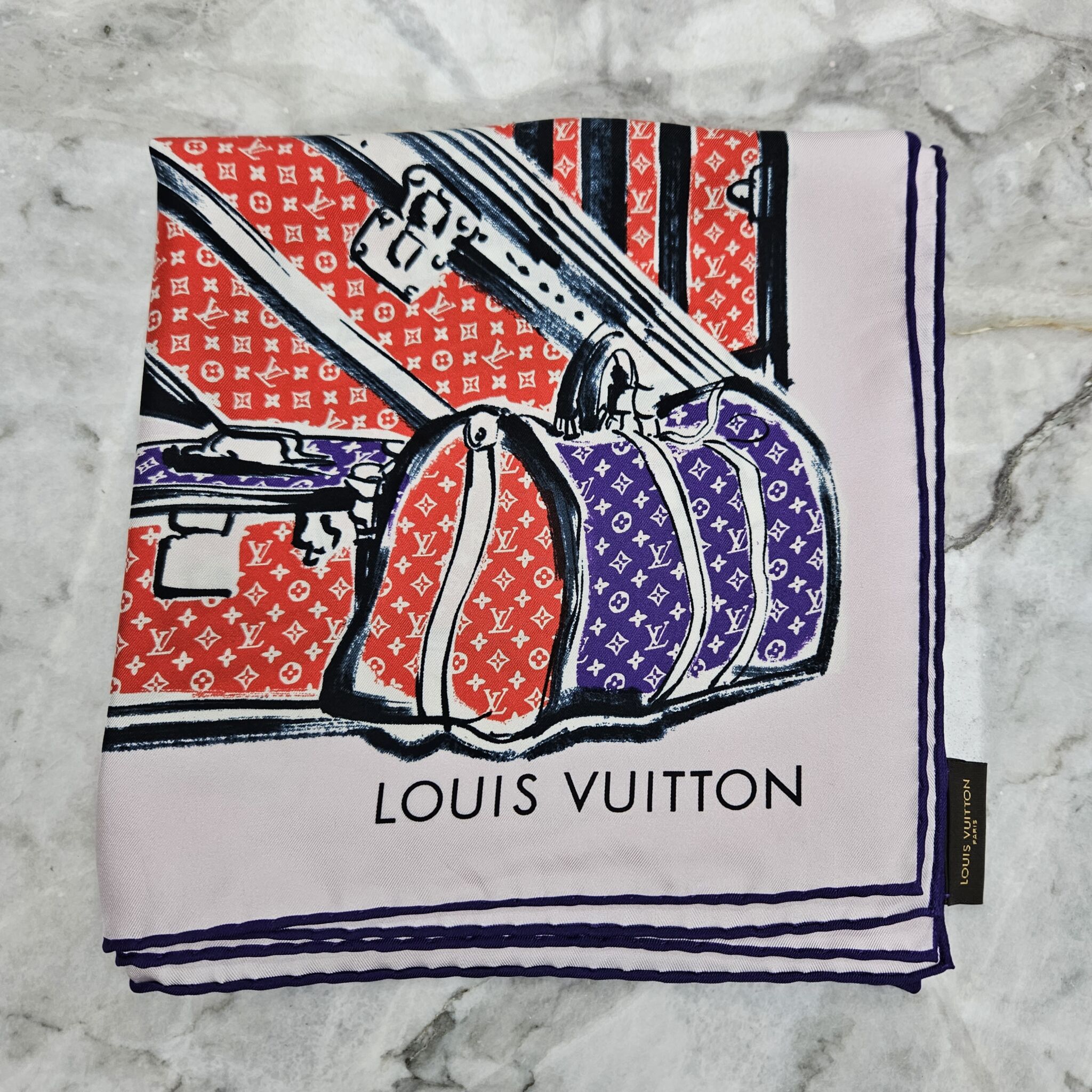 Louis Vuitton Trunks Scarf, Silk, Red/Blue/White - Laulay Luxury