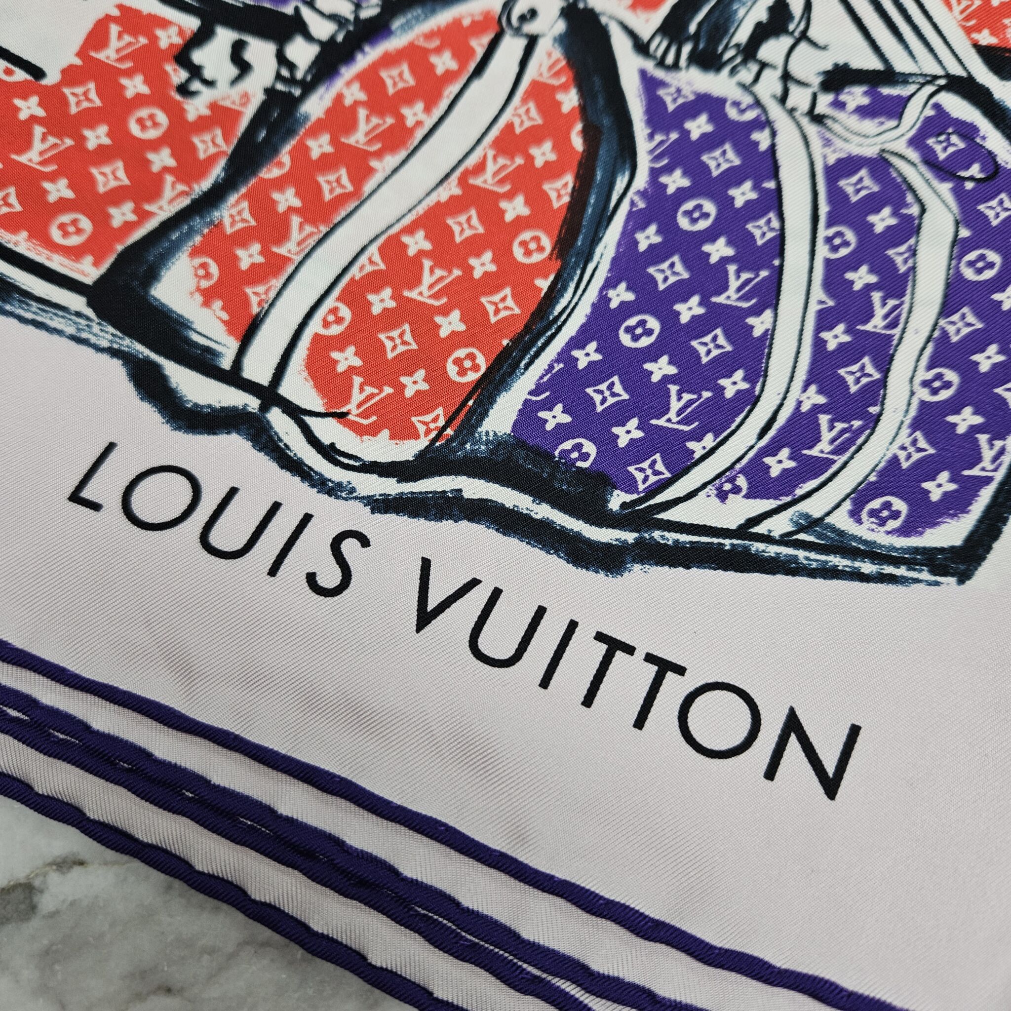 Louis Vuitton Pattern Print, Red Monogram Trunks Silk Scarf