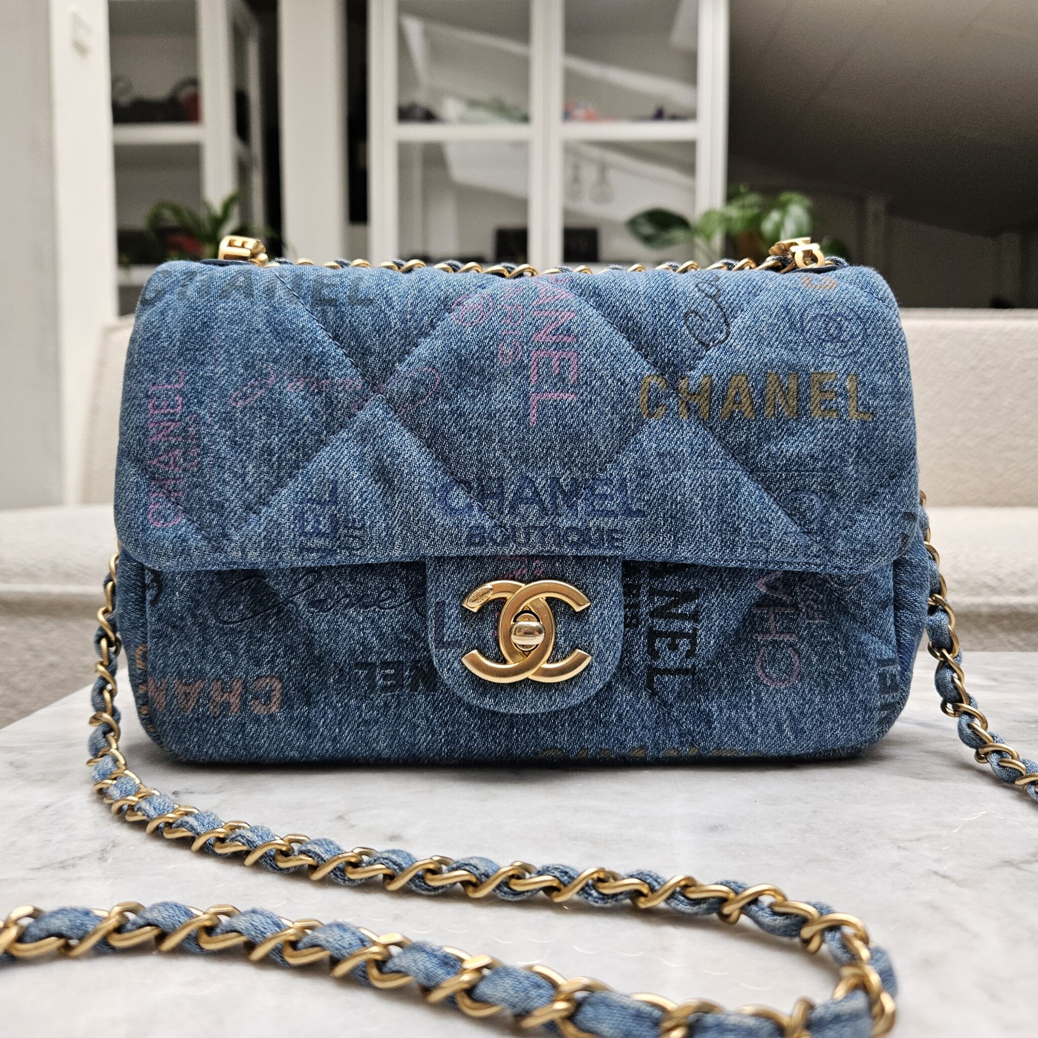 Chanel 22P Mini Flap, Logo Denim, Blue GHW - Laulay Luxury