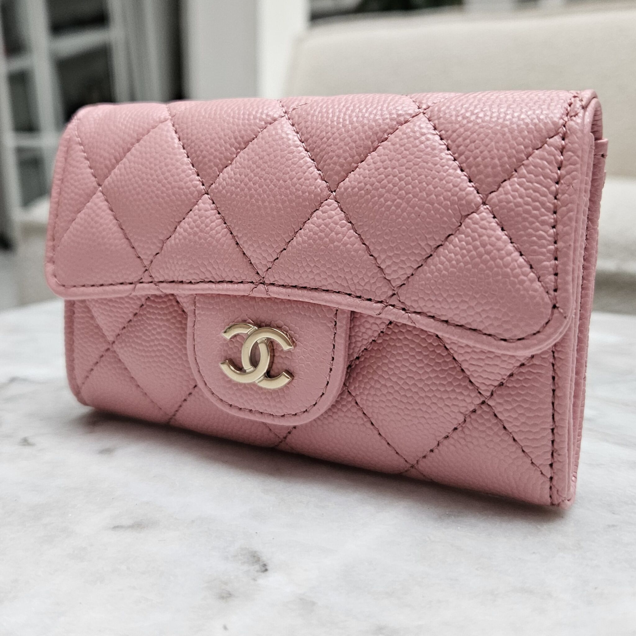 Chanel 22C Flap Cardholder, Caviar, Sakura Pink GHW - Laulay Luxury