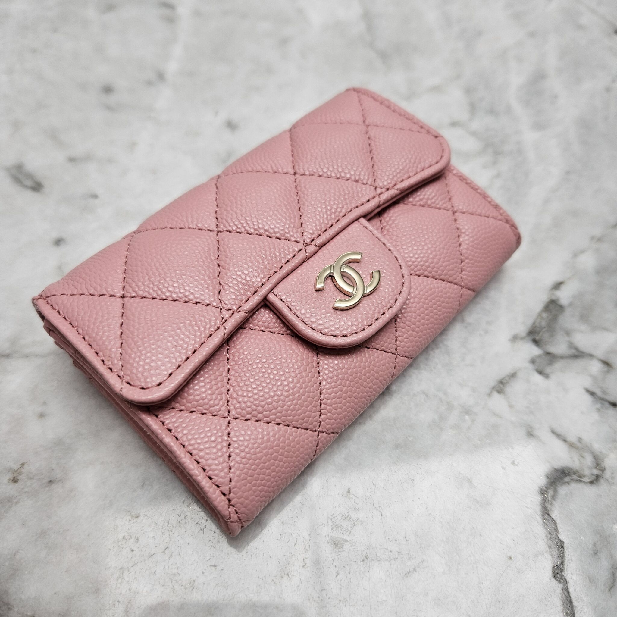 Chanel 22C Flap Cardholder, Caviar, Sakura Pink GHW - Laulay Luxury