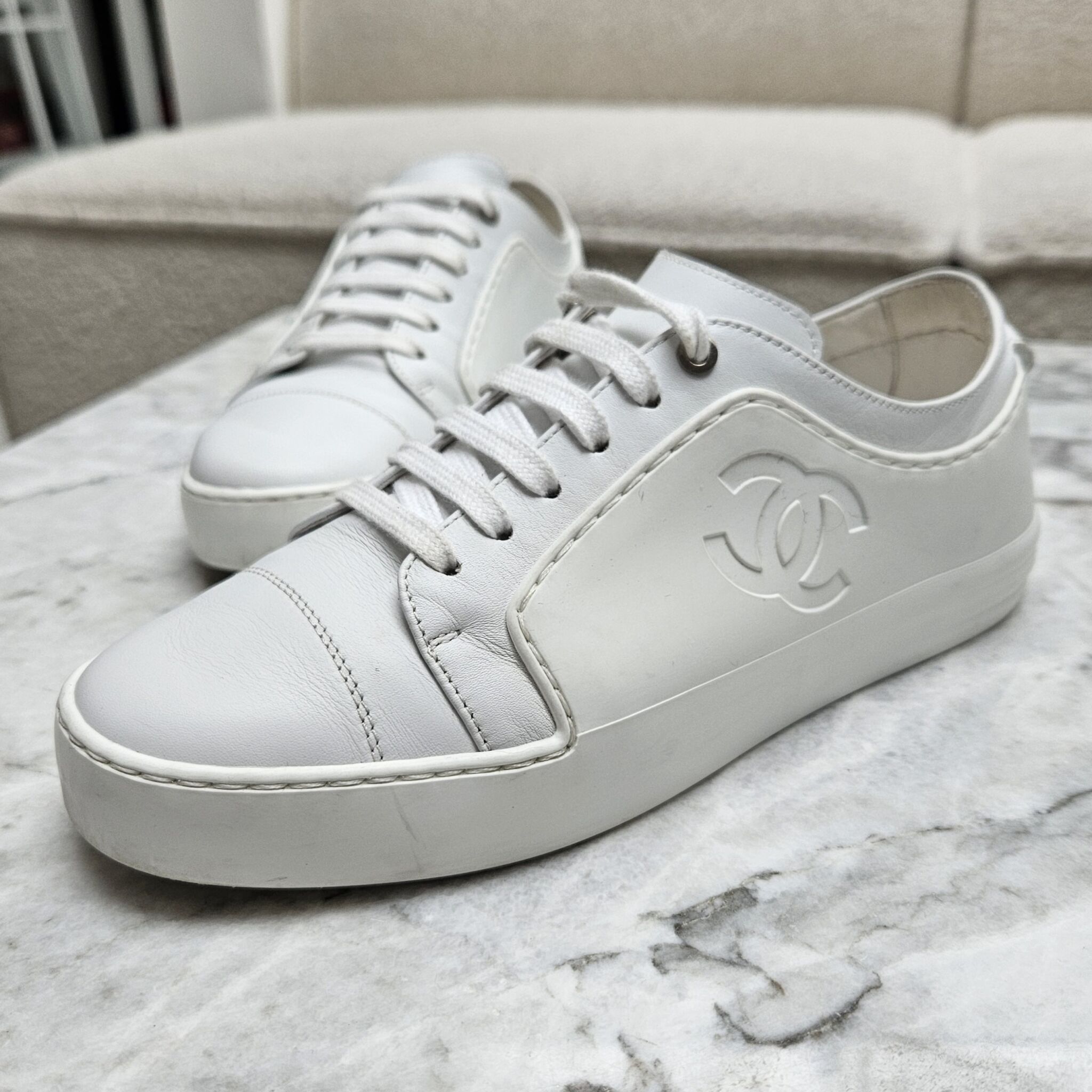 Chanel Sneakers, Leather, White 36.5 - Laulay Luxury