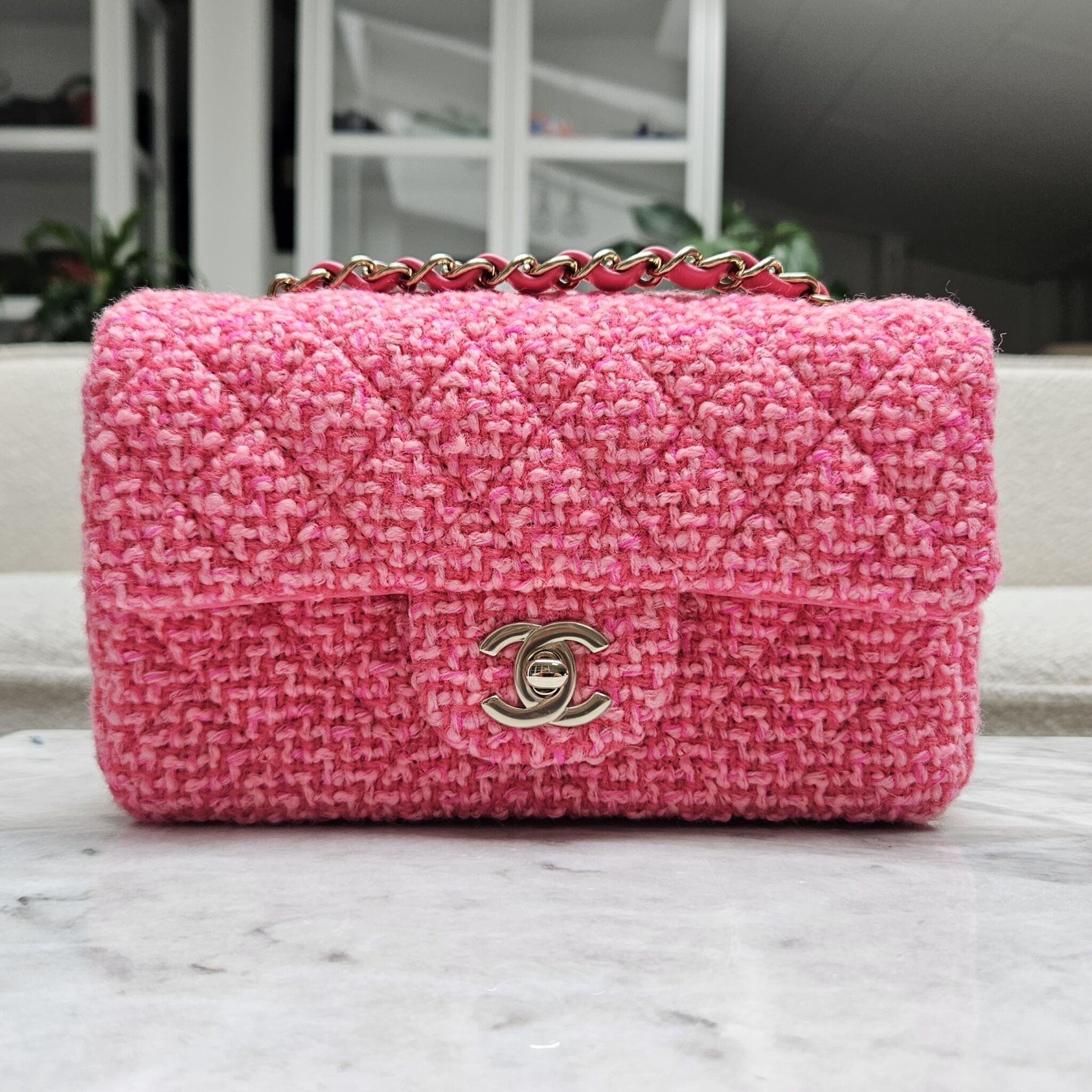 Chanel 22K Mini Rectangle, Tweed, Pink GHW - Laulay Luxury