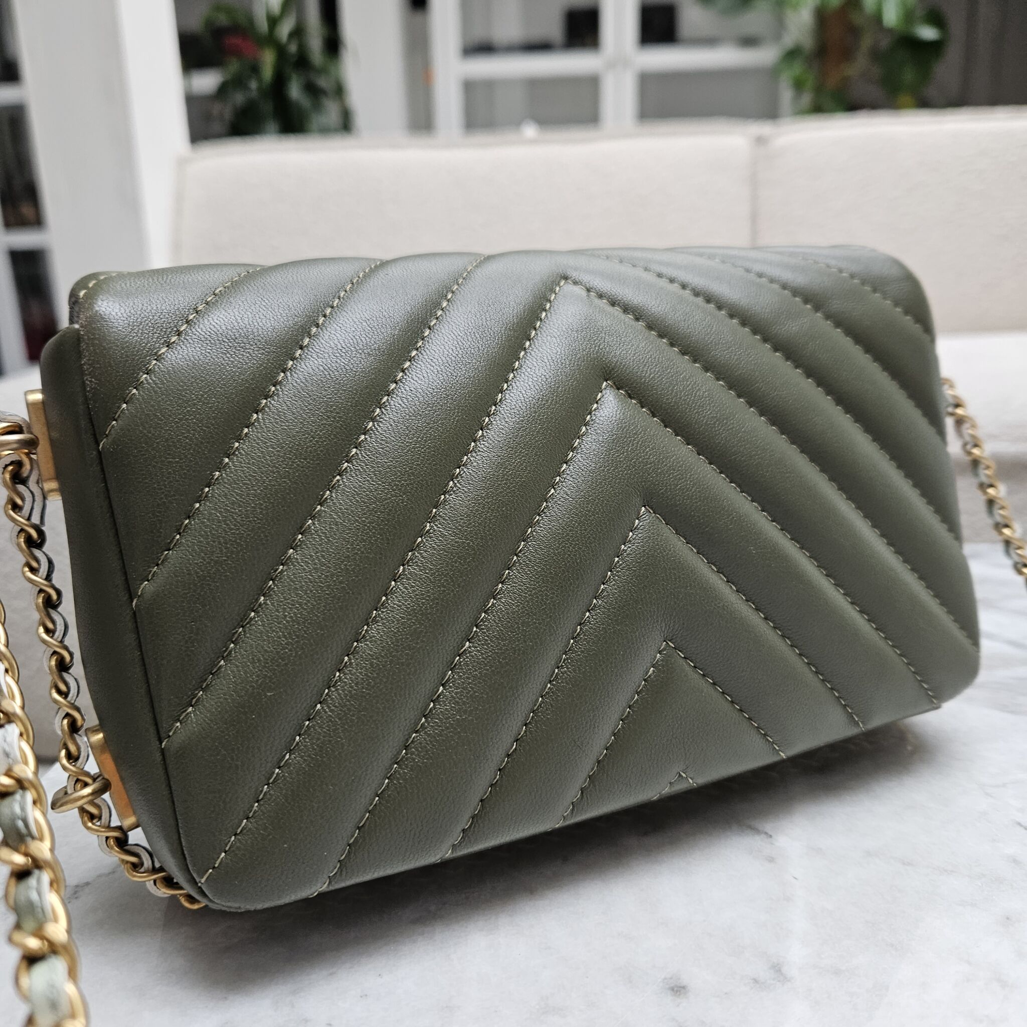 Chanel Mini Flap, Chevron Calfskin, Khaki GHW - Laulay Luxury