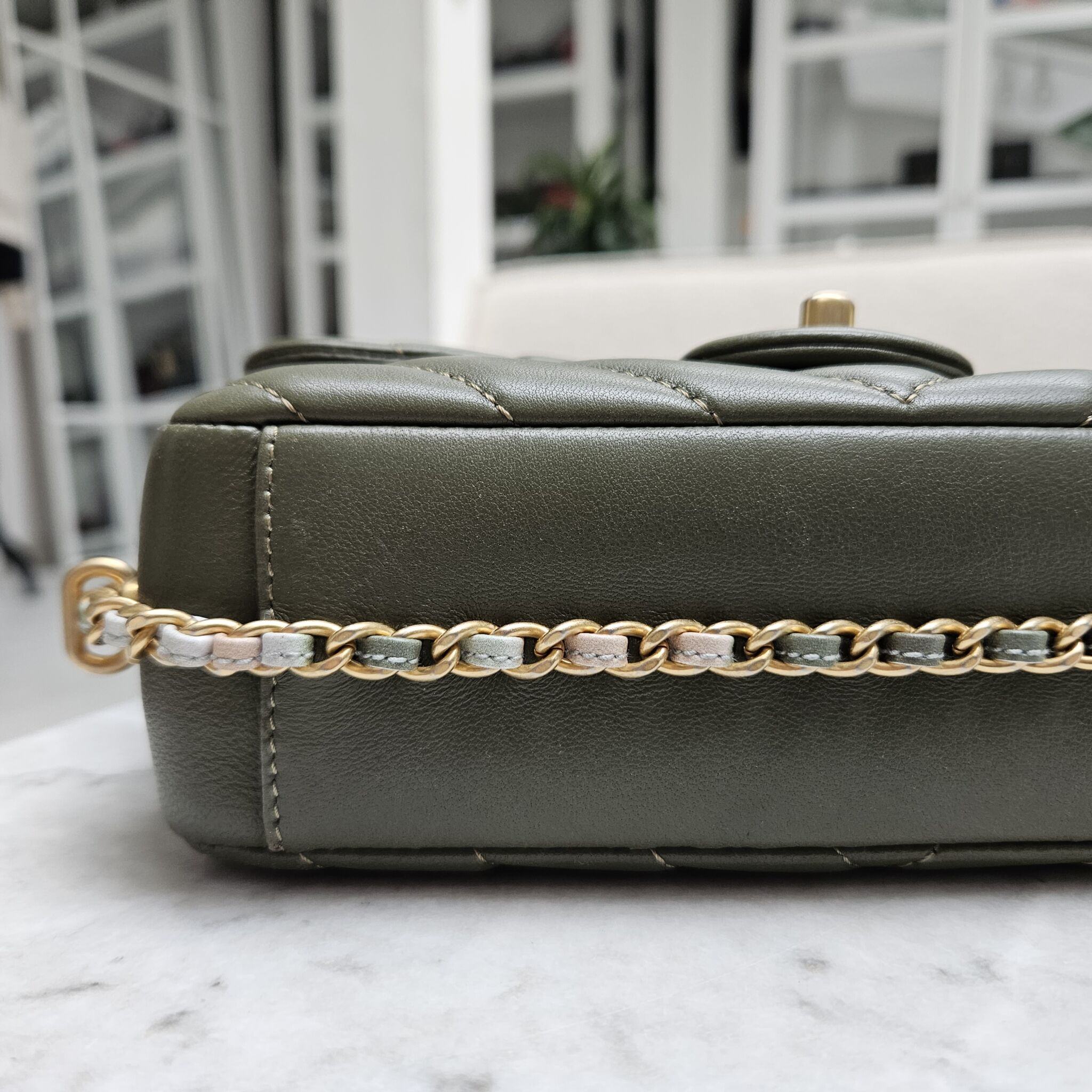 Chanel Mini Flap, Chevron Calfskin, Khaki GHW - Laulay Luxury