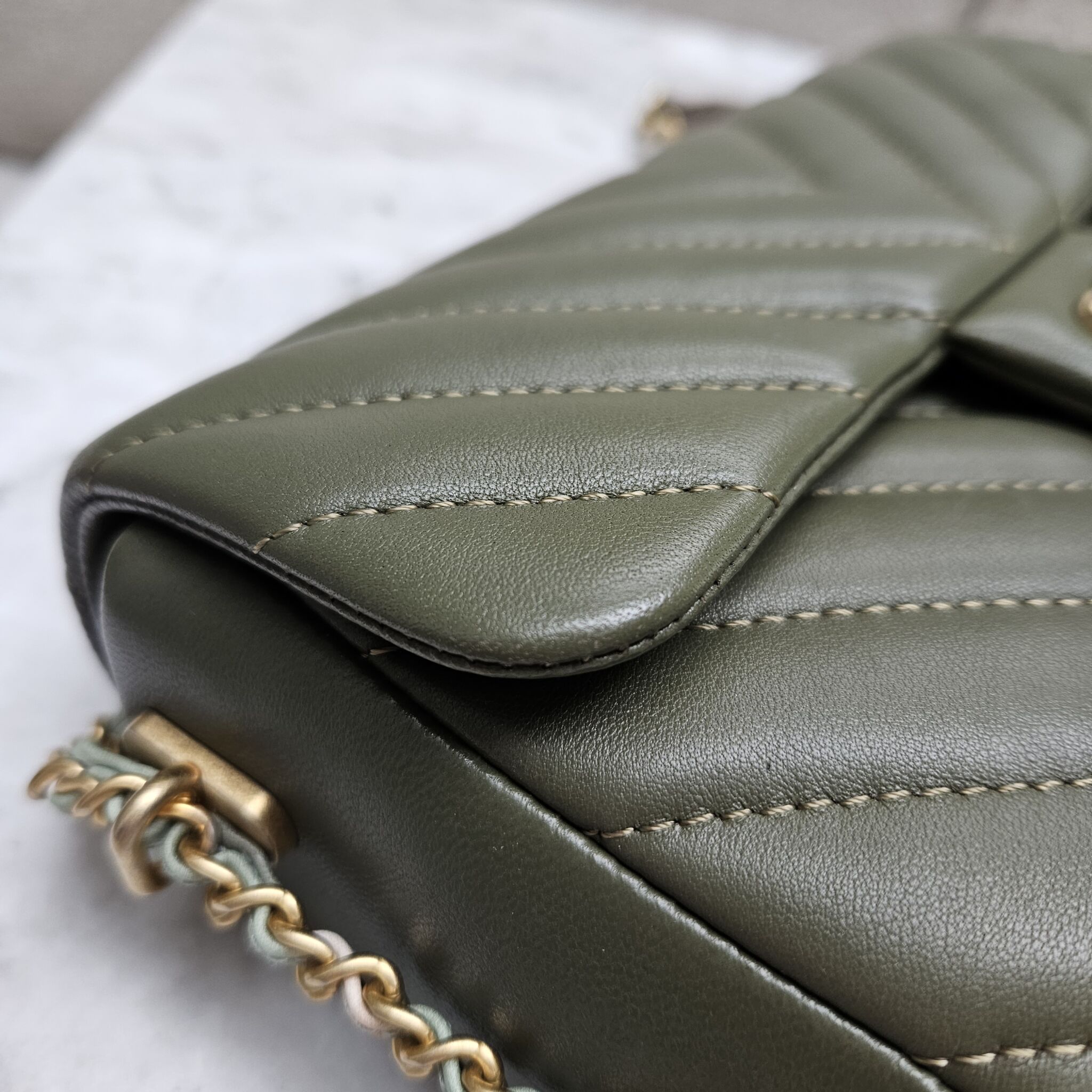 Chanel Mini Flap, Chevron Calfskin, Khaki GHW - Laulay Luxury