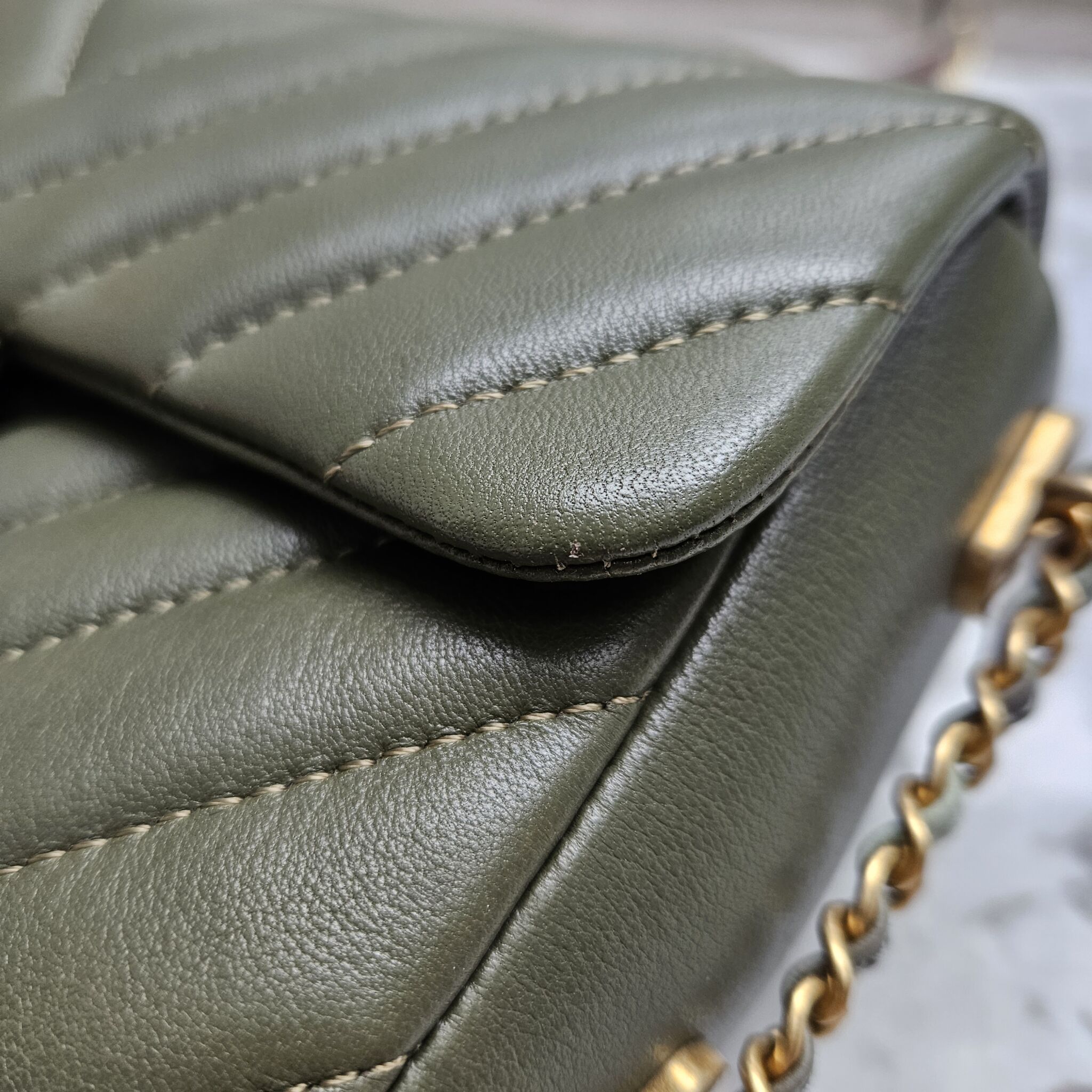 Chanel Mini Flap, Chevron Calfskin, Khaki GHW - Laulay Luxury