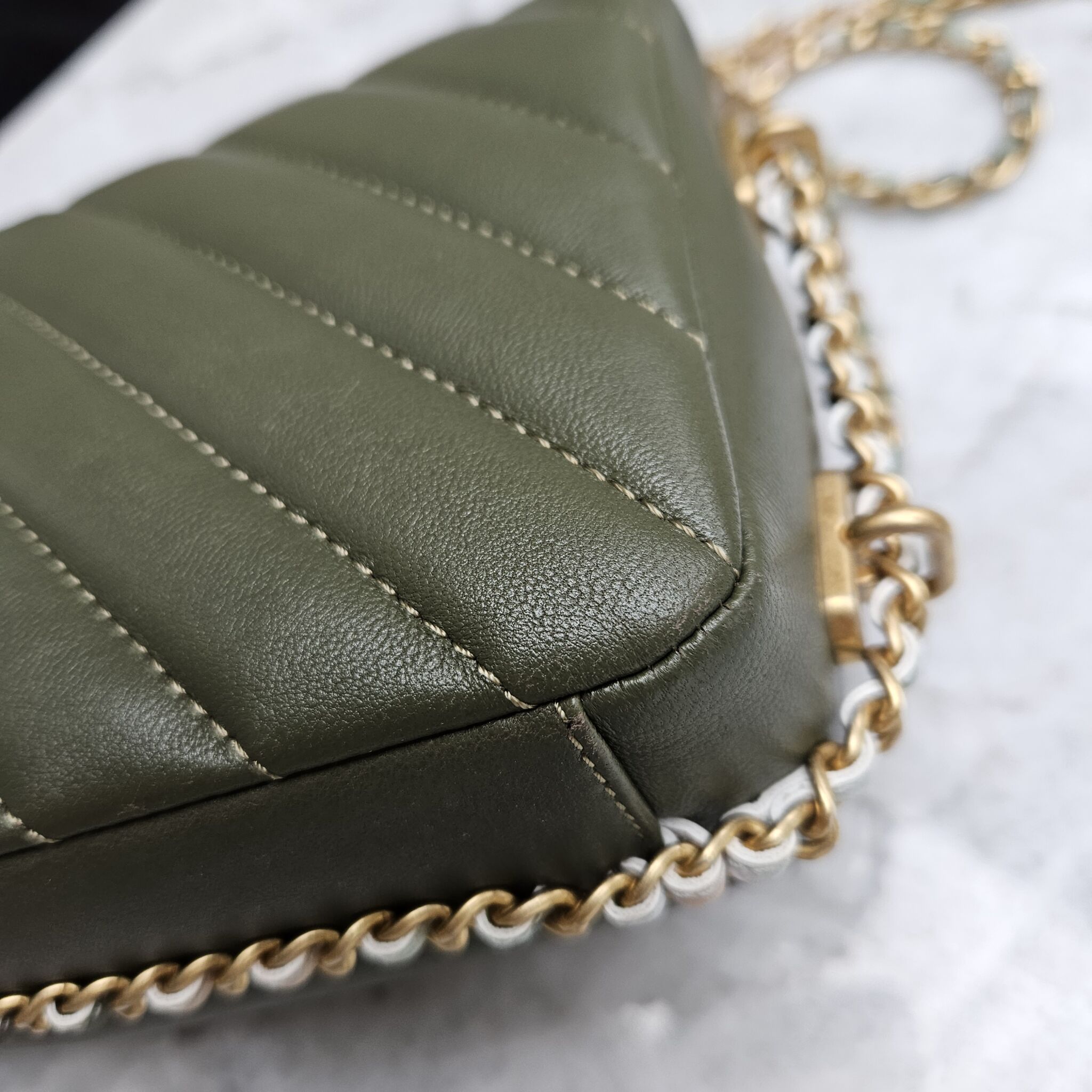 Chanel Mini Flap, Chevron Calfskin, Khaki GHW - Laulay Luxury