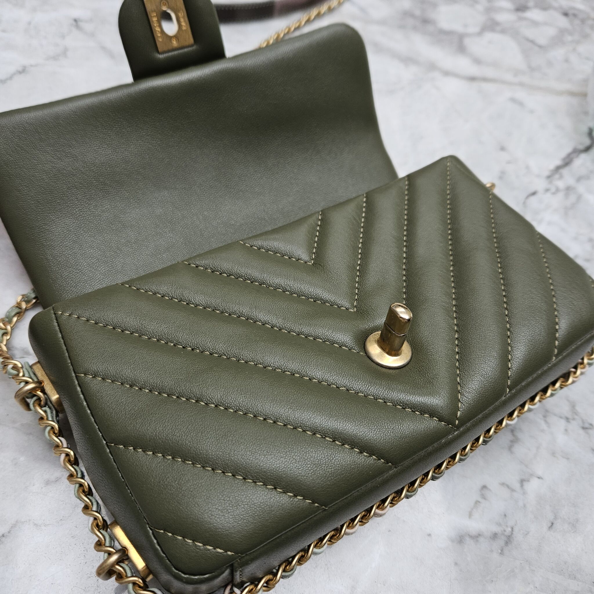 Chanel Mini Flap, Chevron Calfskin, Khaki GHW - Laulay Luxury