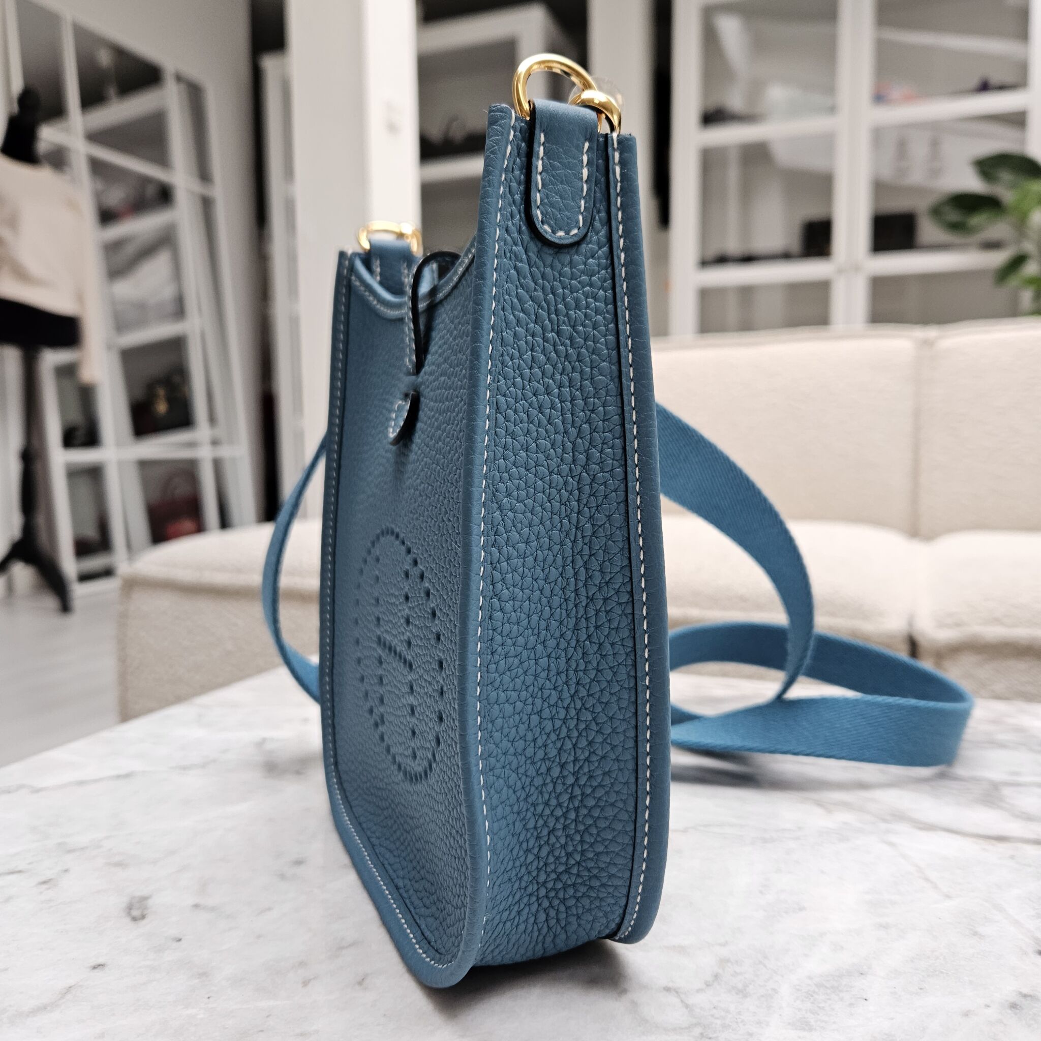 Evelyne 16 Tpm Mini Blue Agate Clemence Leather Cross Body Bag