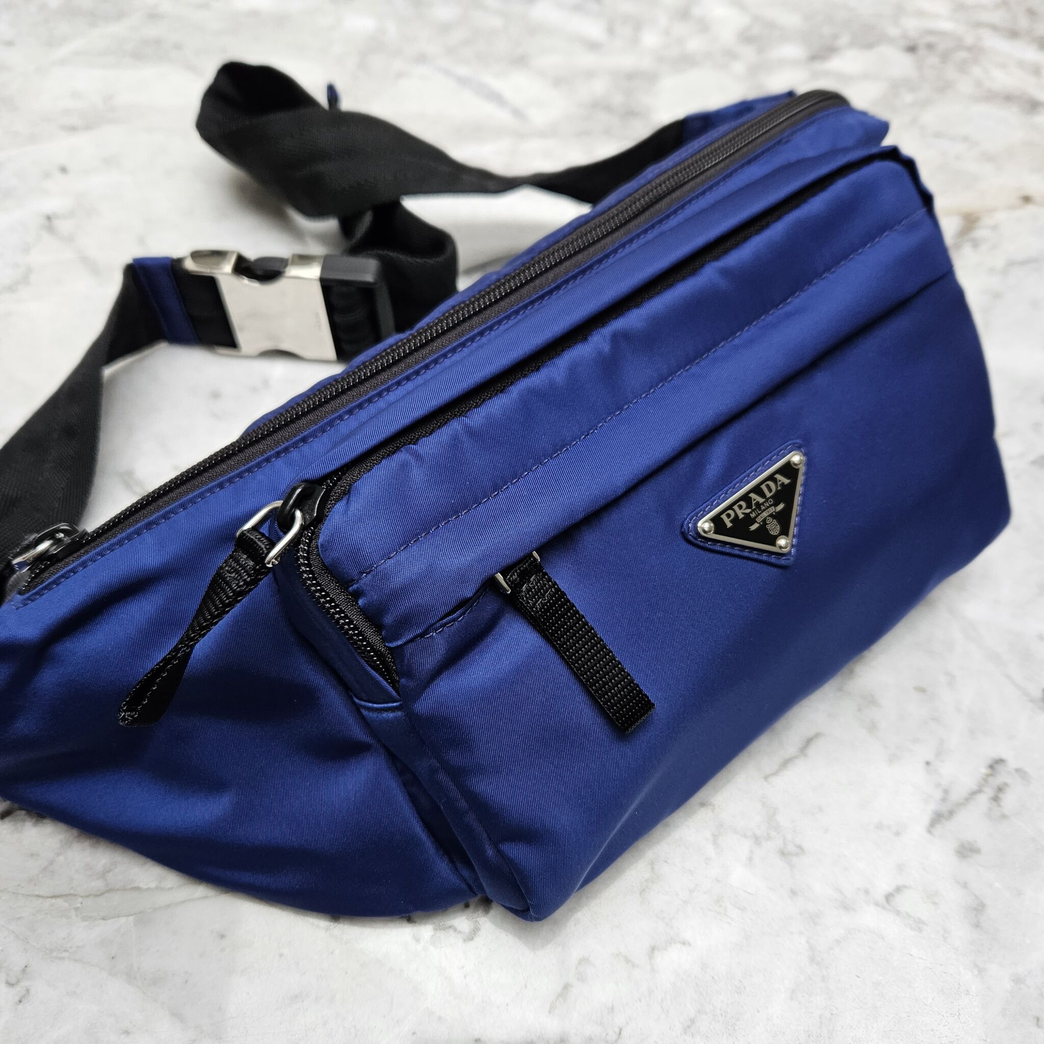Prada Navy Blue Nylon Logo Zipper Waist Bag 