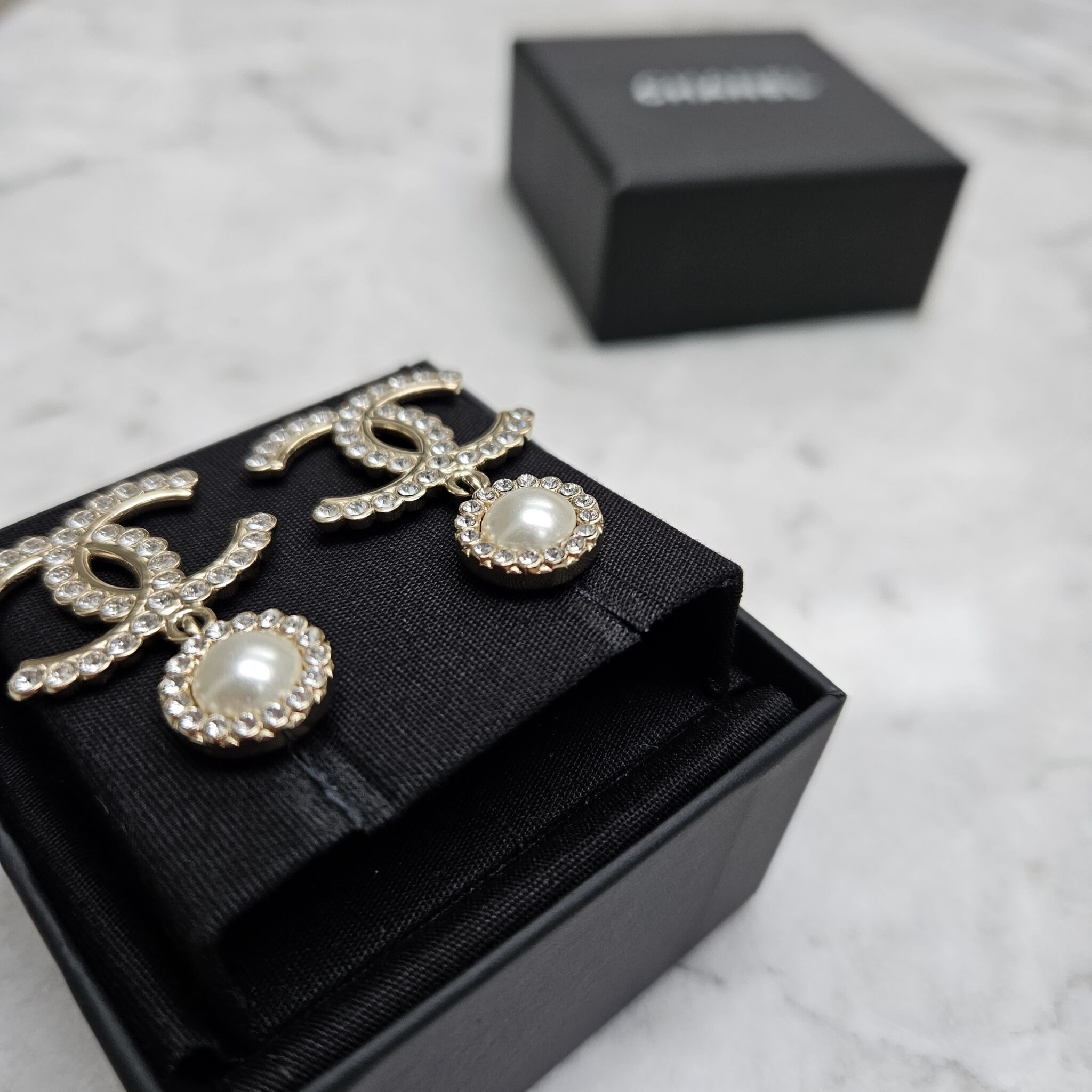 Chanel 20B Pearl Crystal CC Drop Earrings, Light Gold - Laulay Luxury