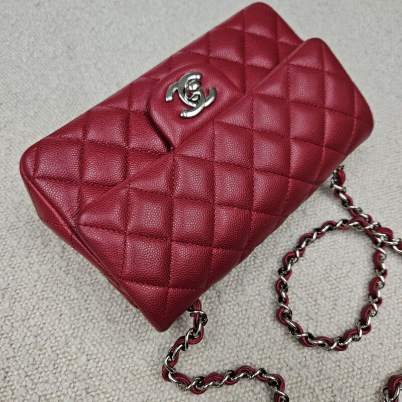 Chanel 18B Mini Rectangle, Caviar, Raspberry Red SHW - Laulay Luxury