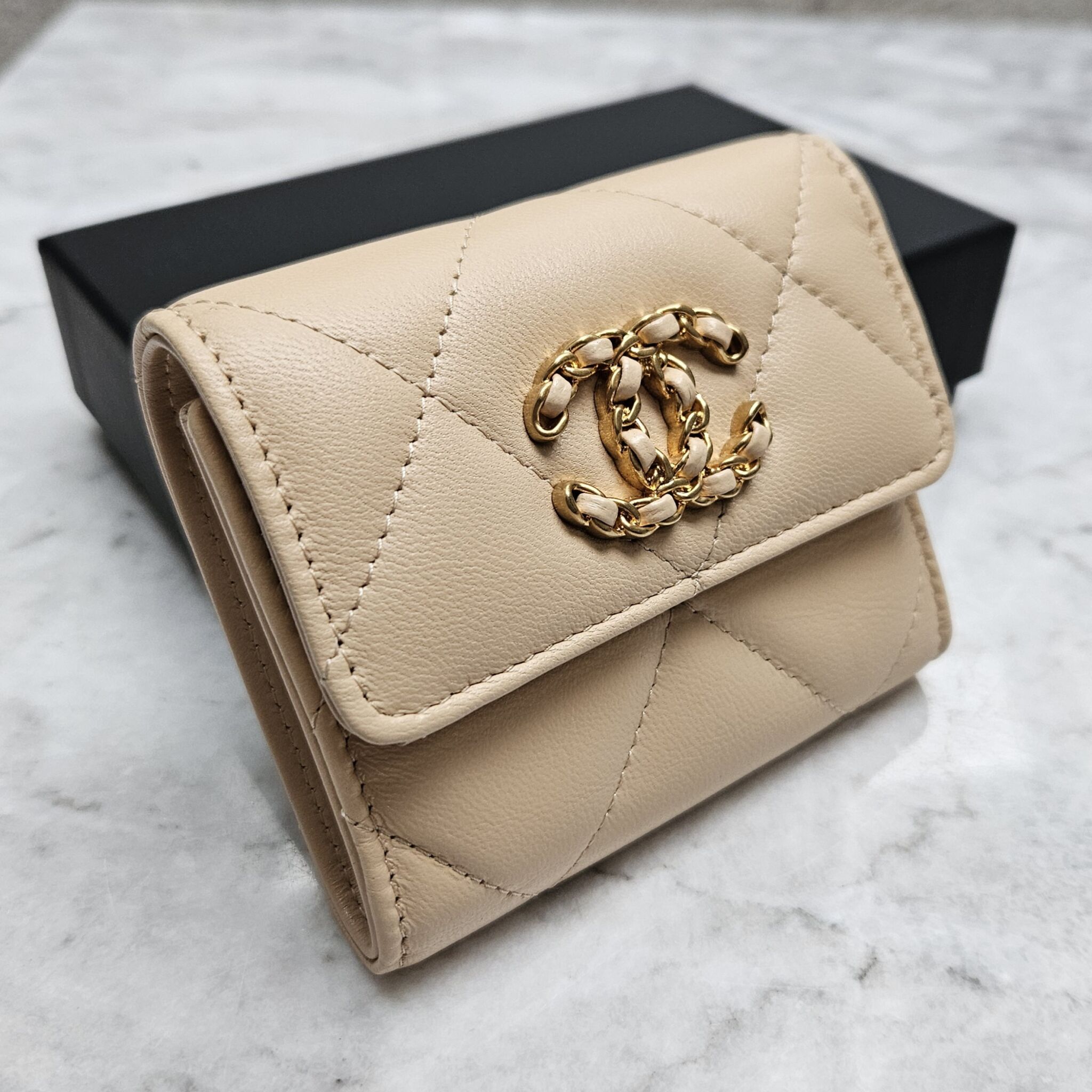 Chanel 19 Compact Wallet, Lambskin, Beige - Laulay Luxury